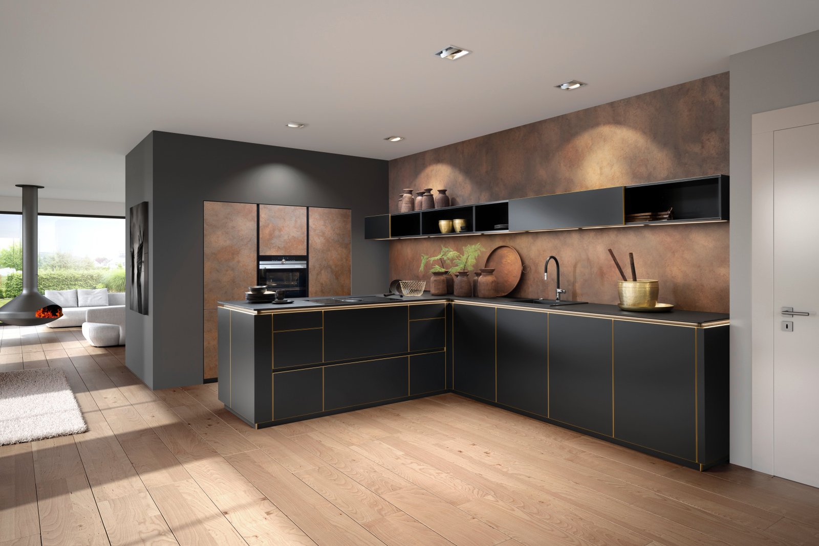 Nolte FLAIR kitchen, black front with corten steel accents