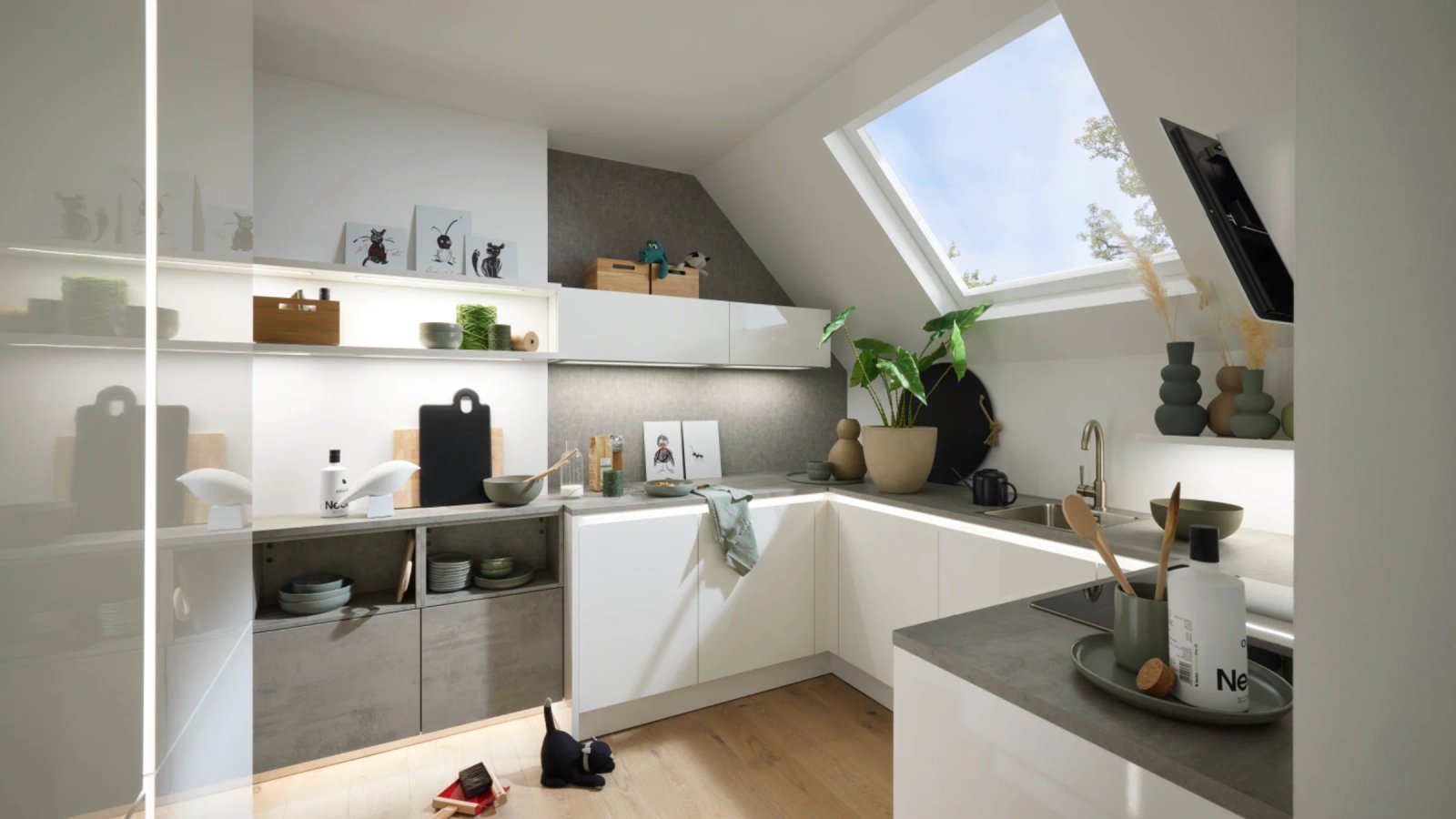 Nolte LUX kitchen, white high-gloss with stone-look island